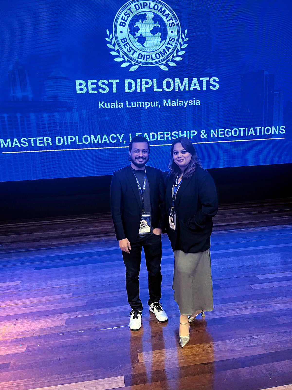Mahabubul Islam Anik and Khadija Tul Akter on stage at Best Diplomats Malaysia
